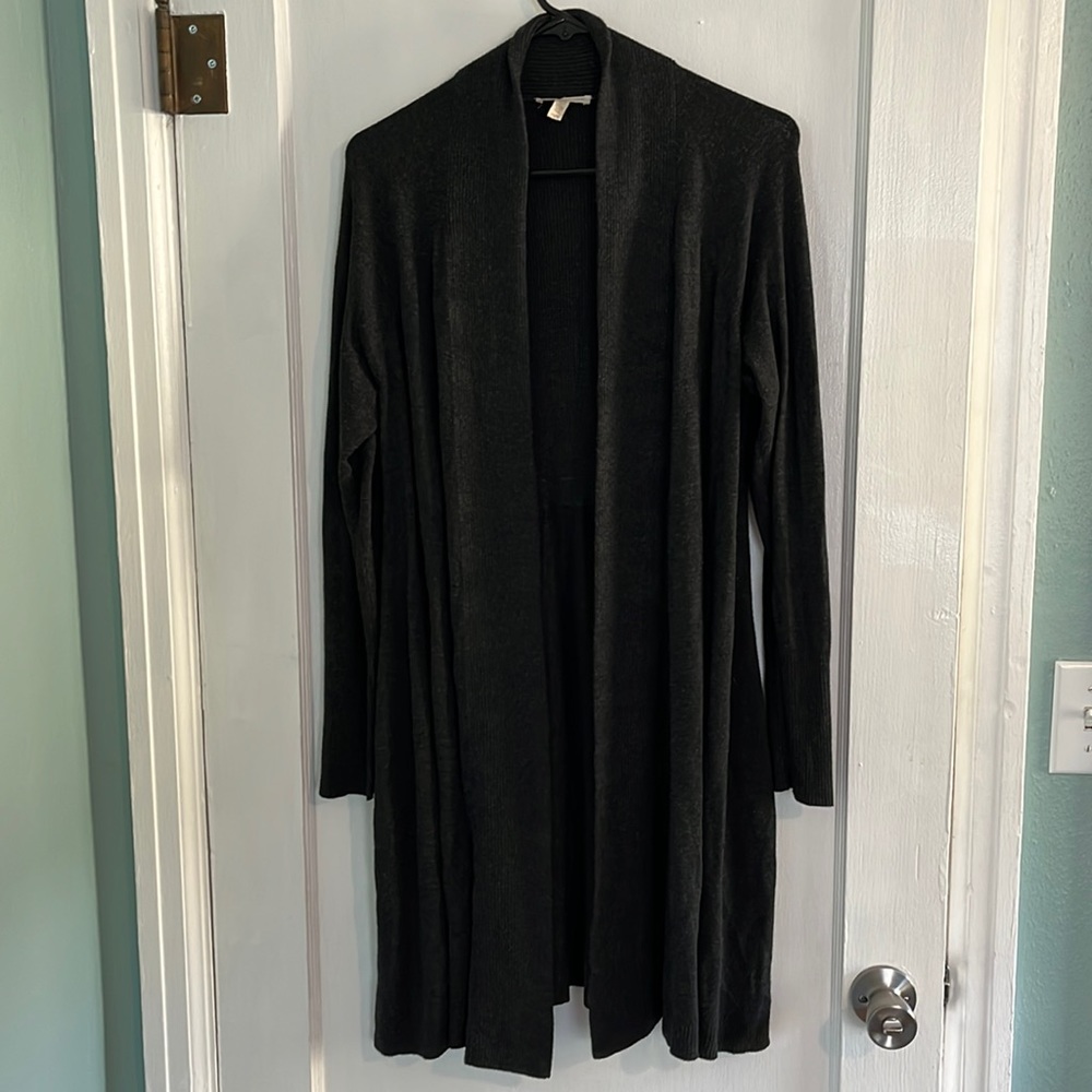 Long gray cardigan.